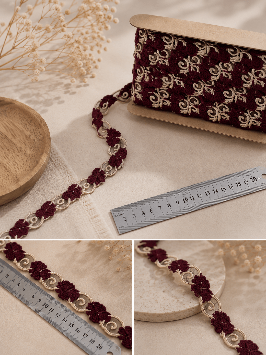 Attēls ar Izšūta mežģīnes lenta 1.2 cm - bordo – pieejams Šarlotes audumi
