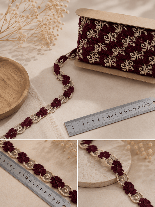 ემბroidered lace ribbon 1.2 cm - burgundy - available at Charlotte's Fabrics