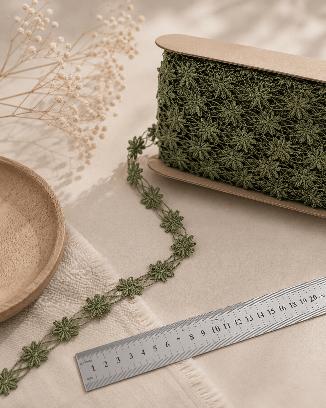 Obraz z haftowaną taśmą koronkową 1.2 cm – zielone listki – dostępna w Šarlotes audumi