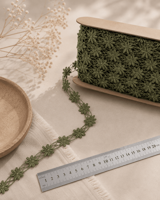 Image with embroidered lace ribbon 1.2 cm - green leaves – available at Šarlotes audumi