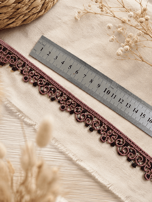 Embroidered lace ribbon 1.5 cm - brown pink with black – available at Šarlotes audumi