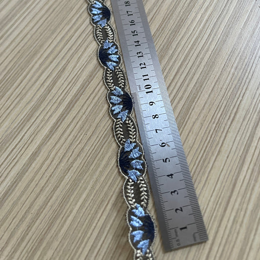 Image of embroidered lace ribbon 2 cm - dark blue with beige accents – available at Šarlotes audumi