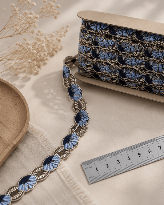 Image of embroidered lace ribbon 2 cm - dark blue with beige accents - available at Šarlotes audumi