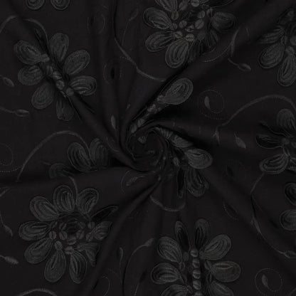 Embroidered cotton fabric with floral pattern, black – available online at Charlotte's Fabrics