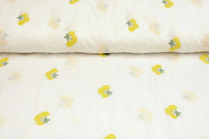 Embroidered cotton fabric - yellow flowers 110 g/m²