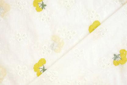 Embroidered cotton fabric - yellow flowers 110 g/m²