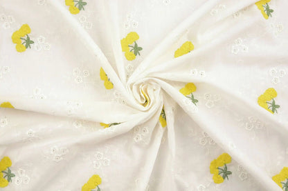 Embroidered cotton fabric - yellow flowers 110 g/m²