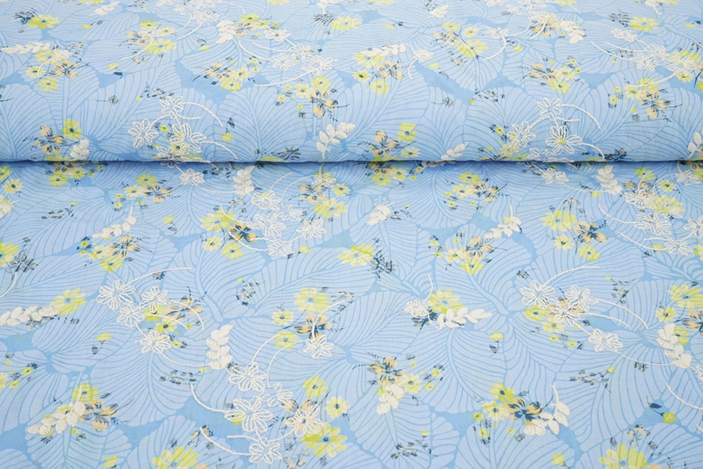 Image of embroidered cotton fabric - yellow flowers on blue 115 g/m² – available at Šarlotes audumi