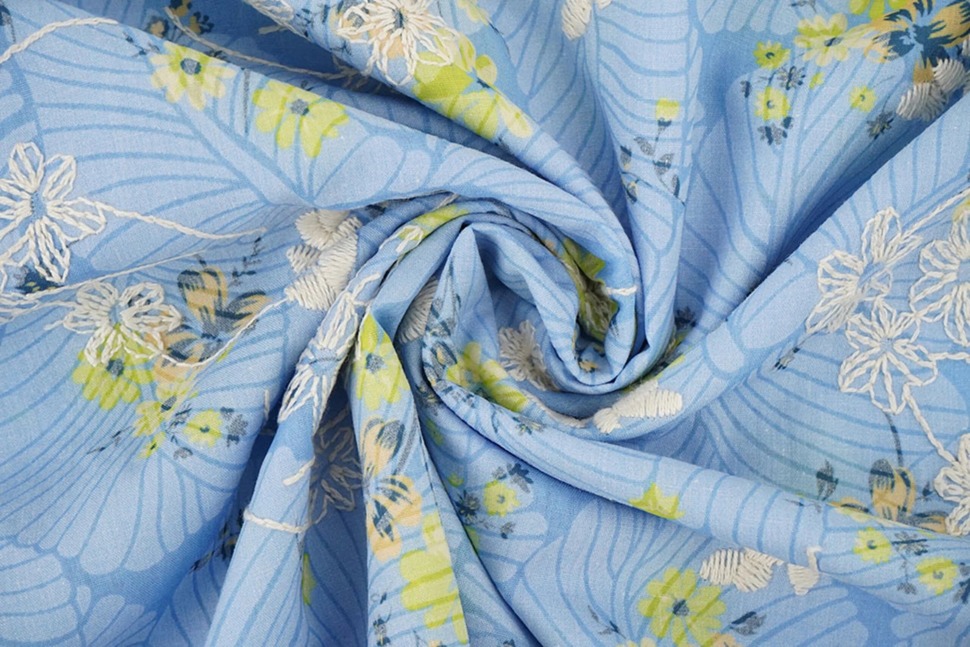 Image of embroidered cotton fabric - yellow flowers on blue 115 g/m² – available at Šarlotes audumi