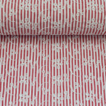 Image of embroidered cotton fabric - floral motif with lines 120 g/m² – available at Šarlotes audumi