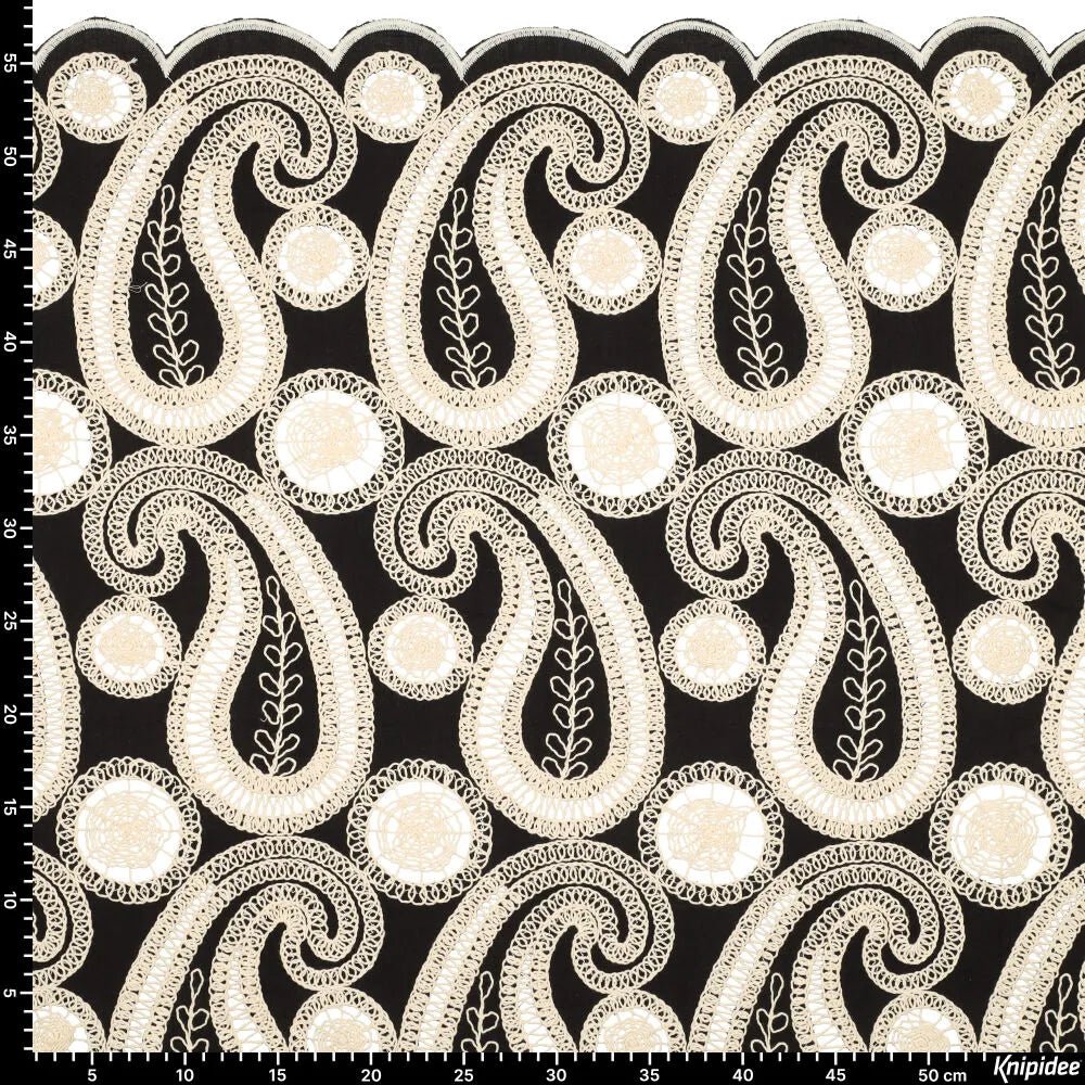 Embroidered cotton fabric - flowers on a black background 270 g/m²