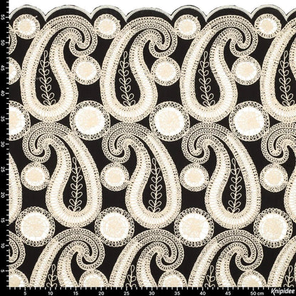 Embroidered cotton fabric - flowers on a black background 270 g/m²