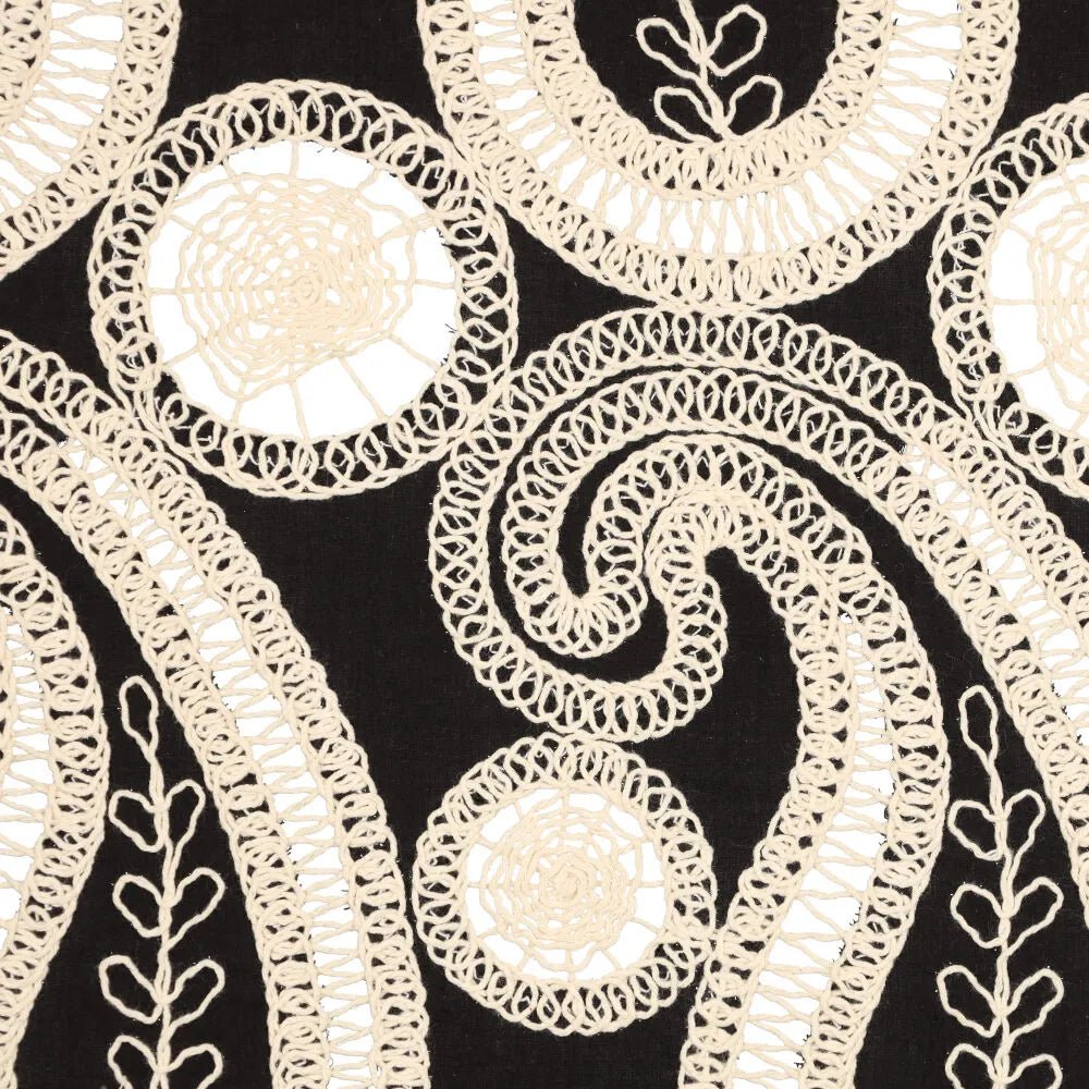 Embroidered cotton fabric - flowers on a black background 270 g/m²