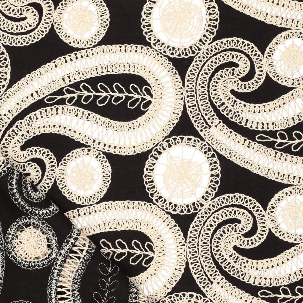 Embroidered cotton fabric - flowers on a black background 270 g/m²