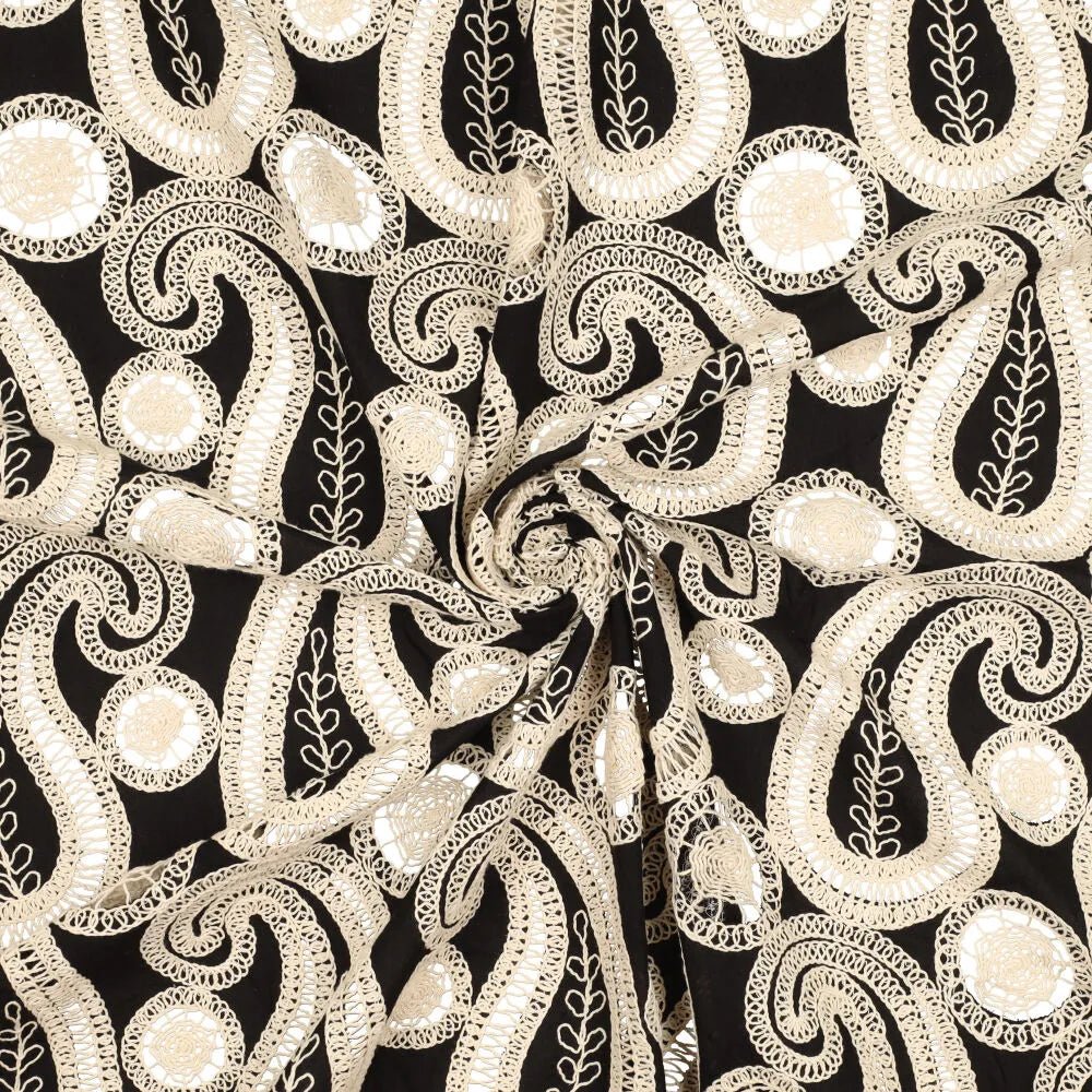 Embroidered cotton fabric - flowers on a black background 270 g/m²