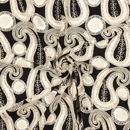 Embroidered cotton fabric - flowers on a black background 270 g/m²