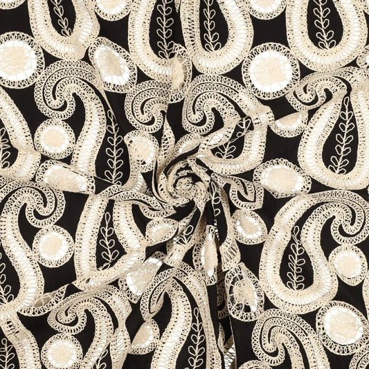 Embroidered cotton fabric - flowers on a black background 270 g/m²