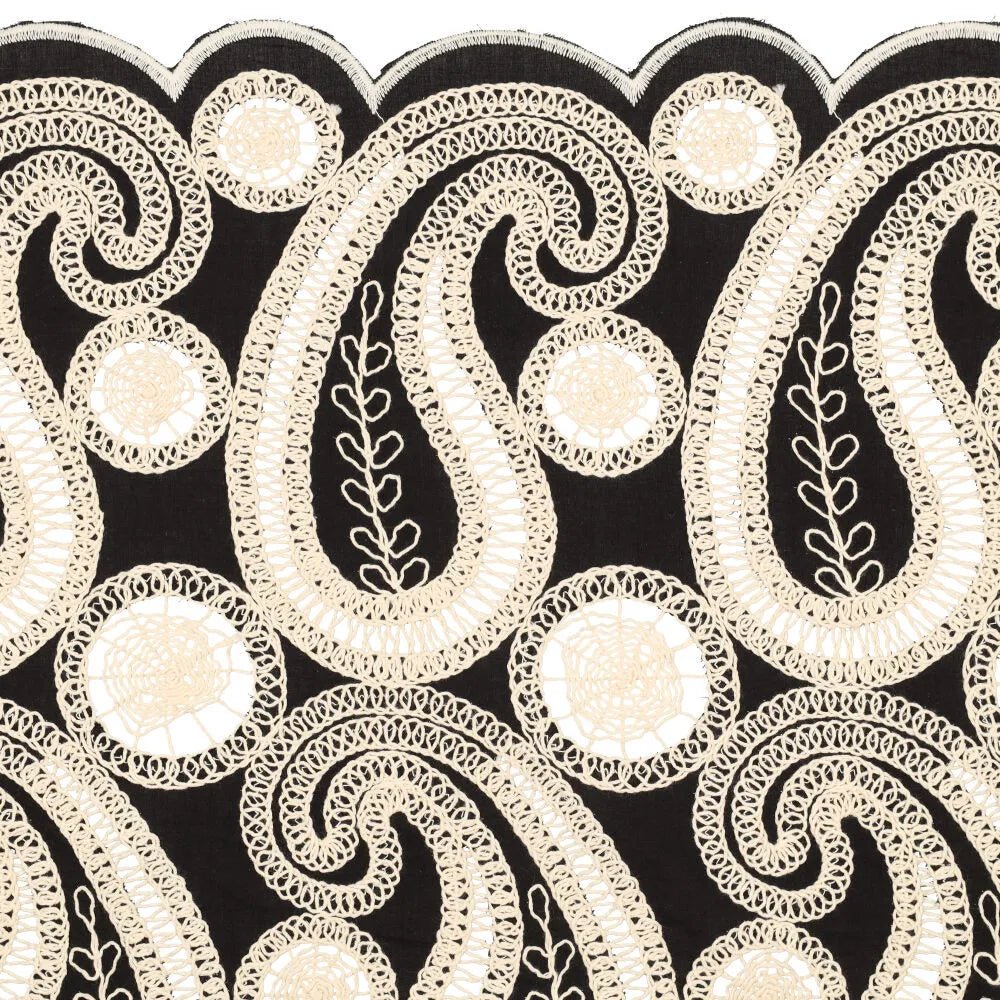 Embroidered cotton fabric - flowers on a black background 270 g/m²