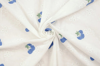 Embroidered cotton fabric - blue flowers 110 g/m²