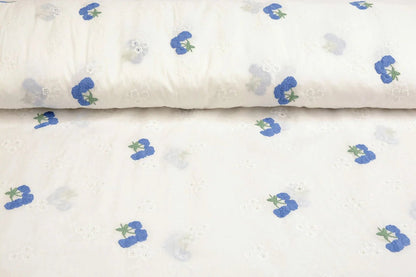 Embroidered cotton fabric - blue flowers 110 g/m²