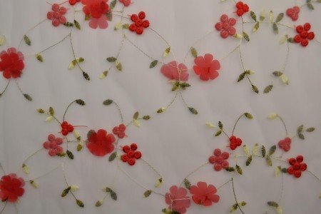 Image of embroidered tulle fabric with flowers - red| 150 cm, 70 g/m² – available at Šarlotes audumi