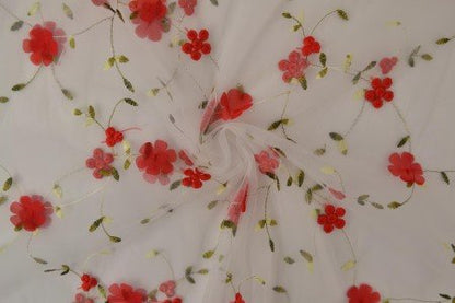 Image of embroidered tulle fabric with flowers - red| 150 cm, 70 g/m² – available at Šarlotes audumi
