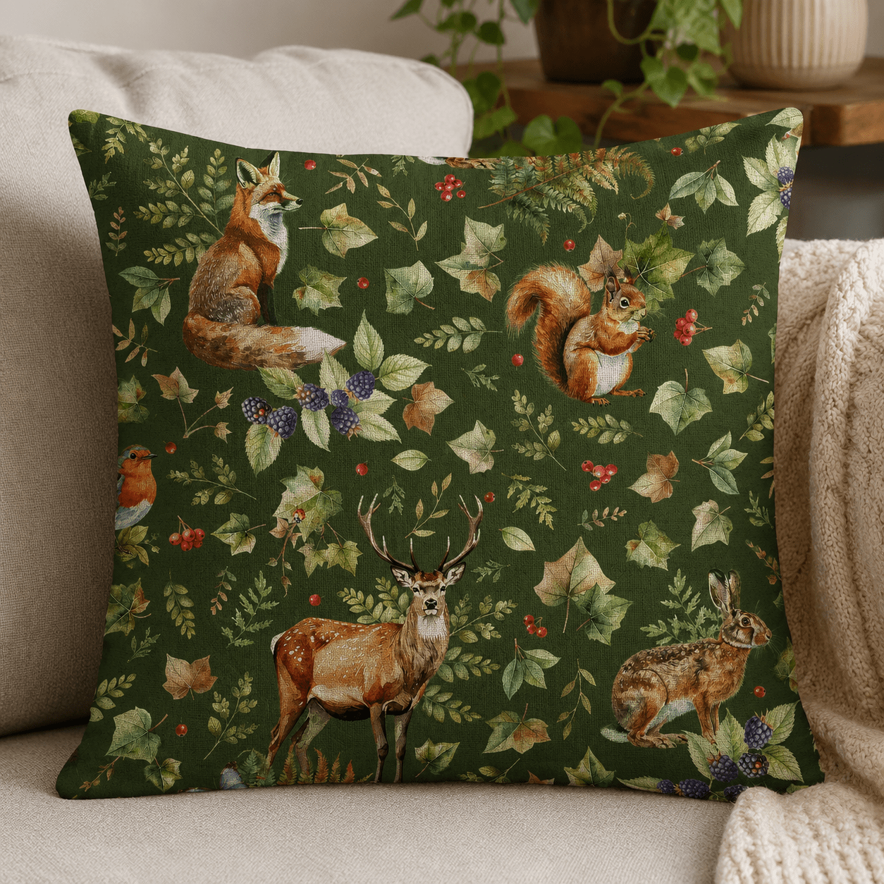 Canvas fabric with forest animals, 200 g/m² – available at Šarlotes audumi