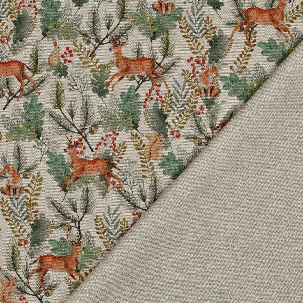 Canvas fabric with forest animals in oak leaves – available online at Šarlotes audumi