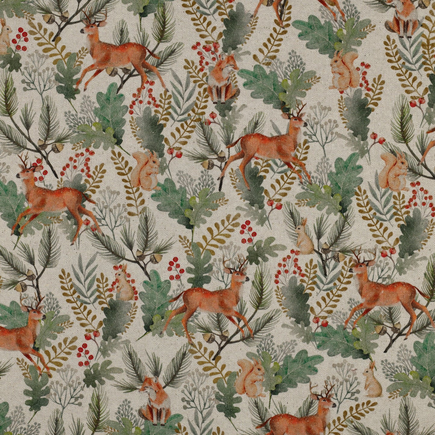 Canvas fabric with forest animals in oak leaves, available online at Šarlotes audumi