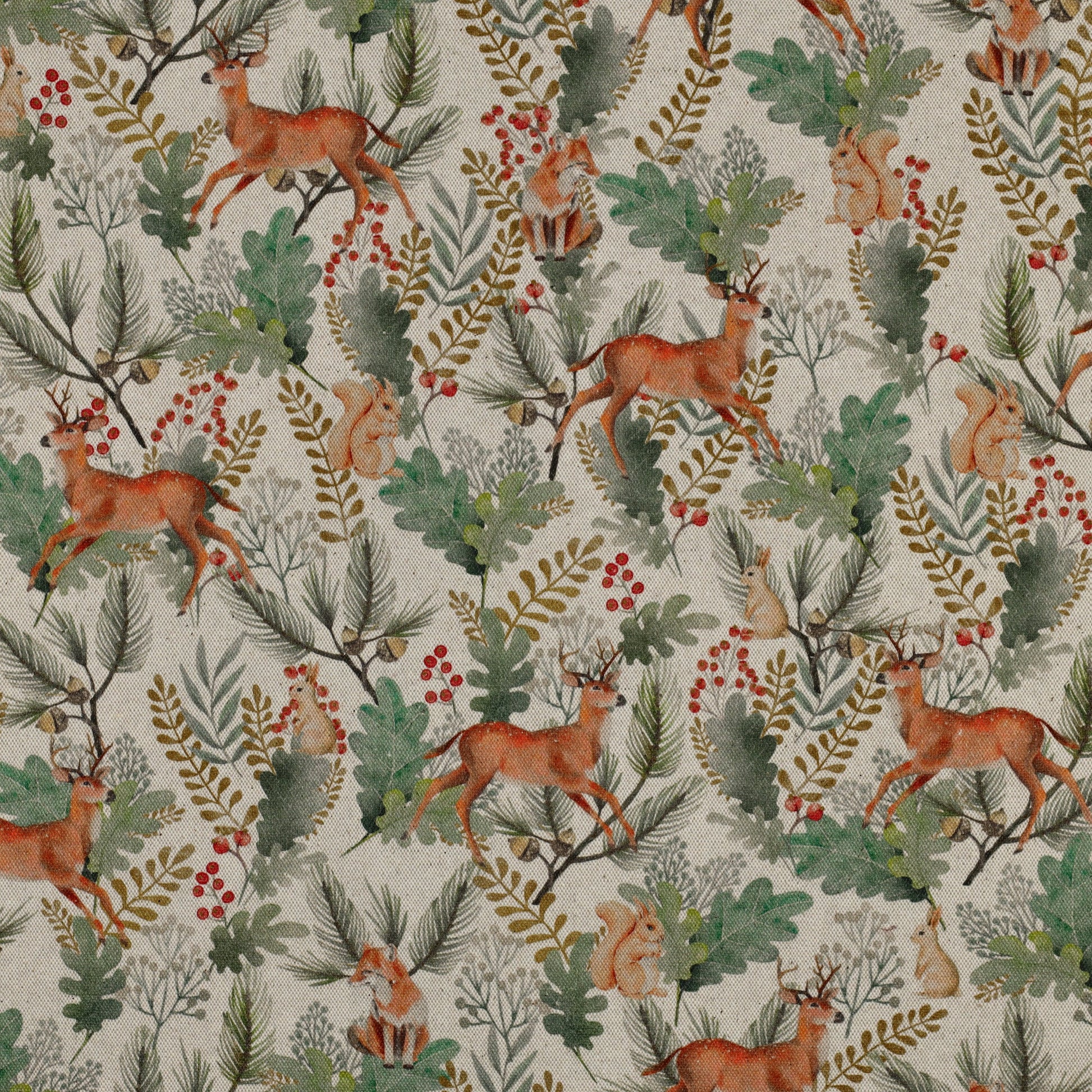 Canvas fabric with forest animals in oak leaves, available online at Šarlotes audumi