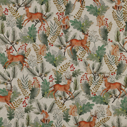 Canvas fabric with forest animals in oak leaves, available online at Šarlotes audumi