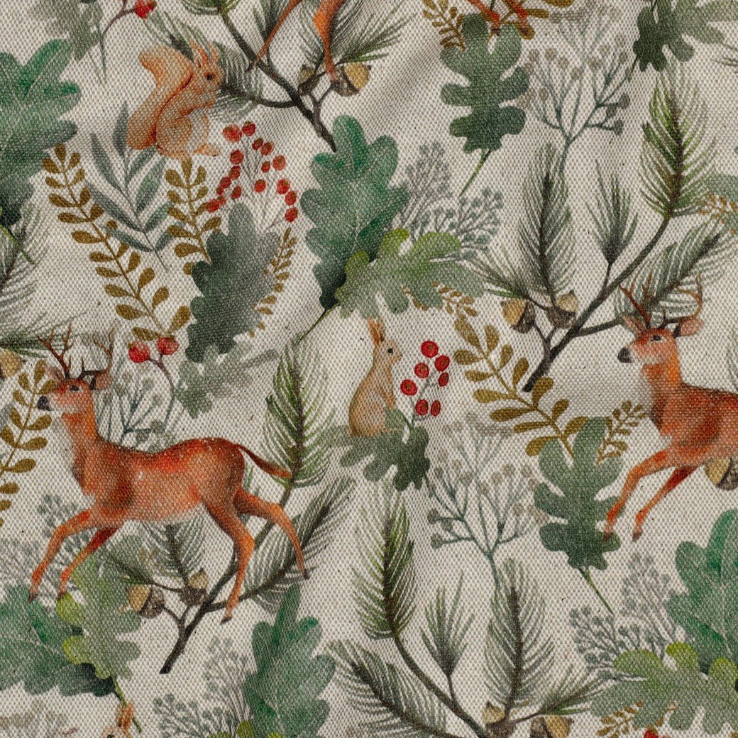 Canvas fabric with forest animals in oak leaves – available online at Charlotte's Fabrics