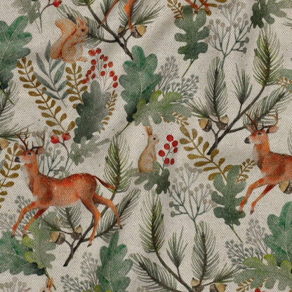 Canvas fabric with forest animals in oak leaves – available online at Charlotte's Fabrics