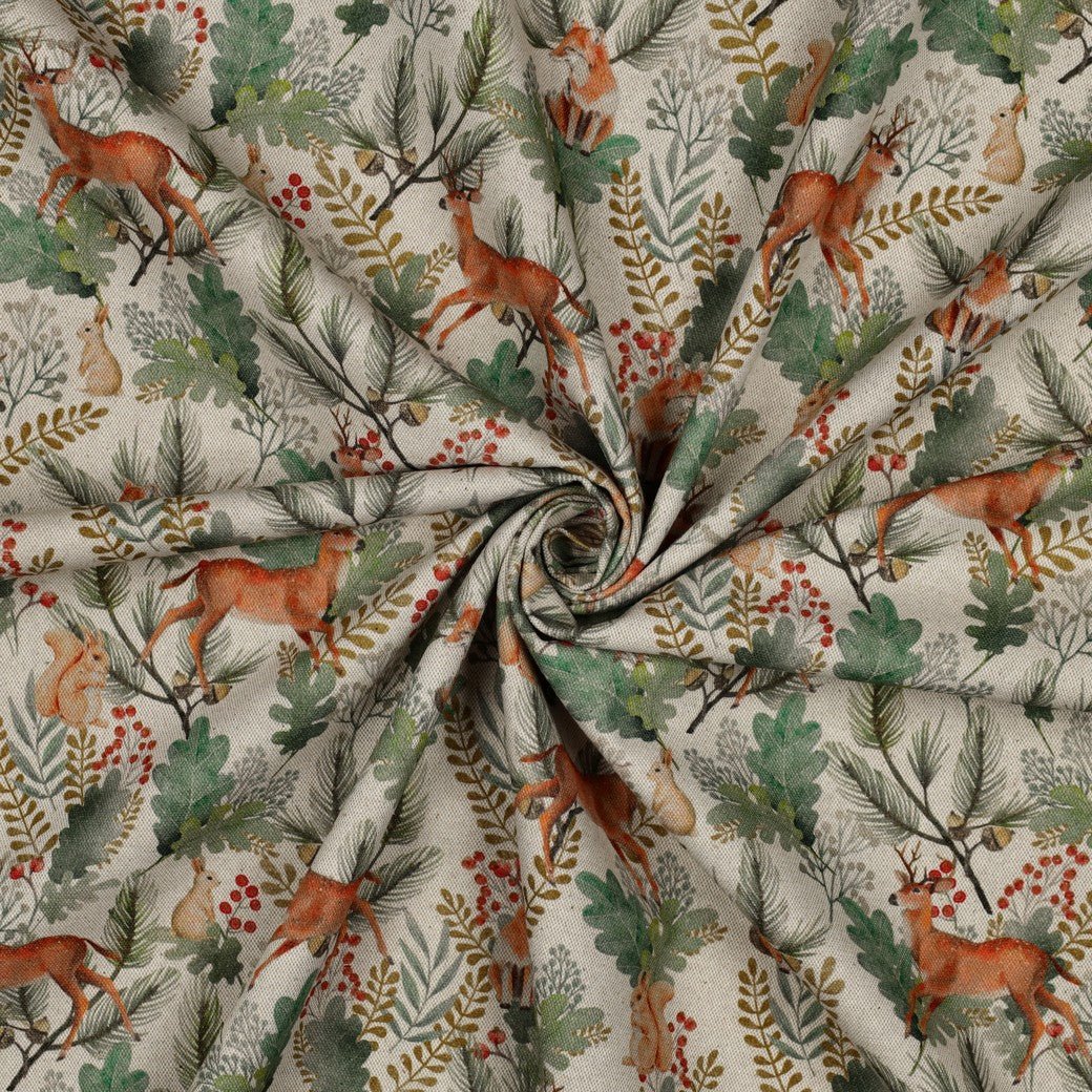 Image of canvas fabric forest animals in oak leaves – available online at Šarlotes audumi