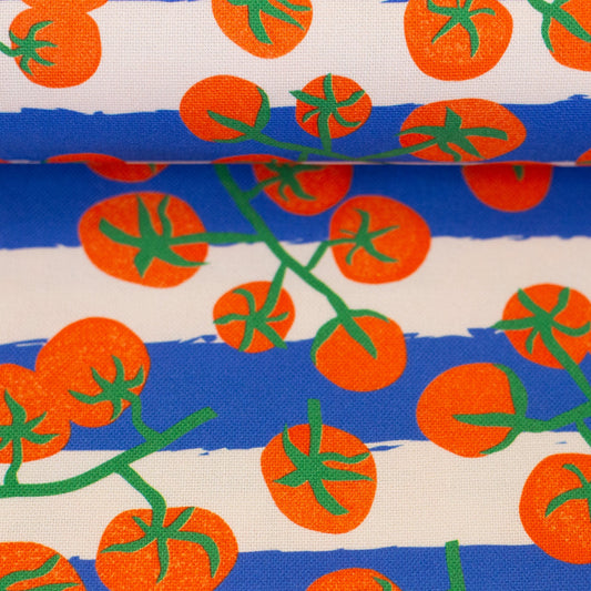 Canvas fabric with tomatoes on blue stripes – available online at Charlotte Fabrics
