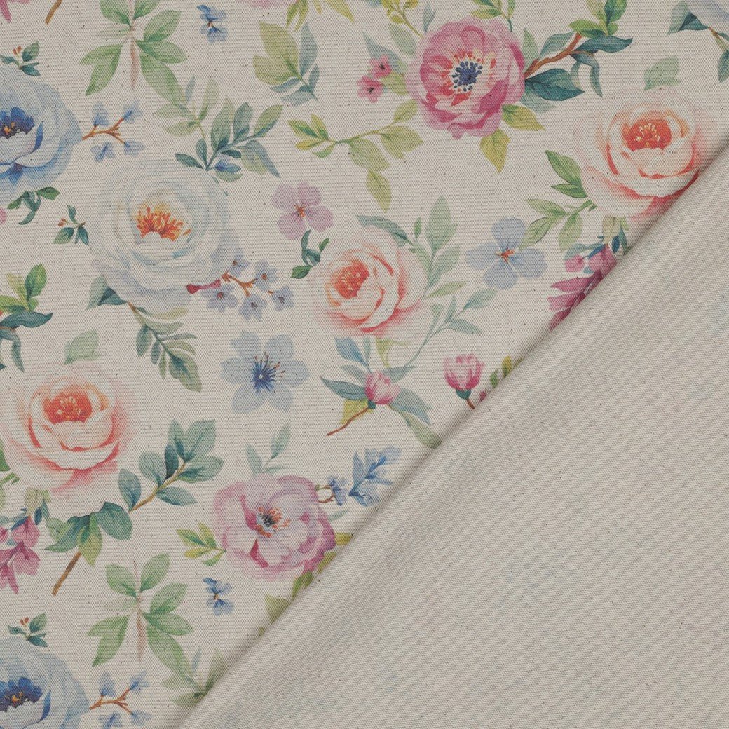 Image with canvas fabric - flowers on a linen-colored background 220 g/m² – available at Šarlotes audumi