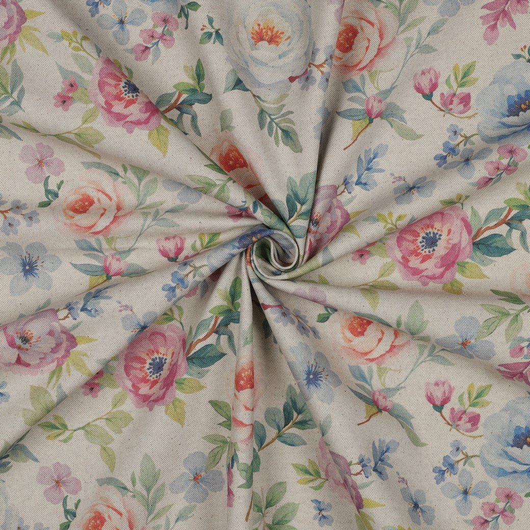 Image of canvas fabric - flowers on a linen-colored background 220 g/m² – available at Šarlotes audumi