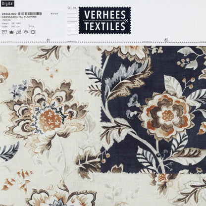 Image with canvas fabric - flowers on a dark blue background 190 g/m² – available at Charlotte’s Fabrics