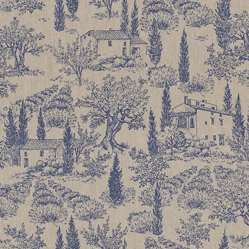 Image with canvas fabric - blue Provençal landscape on a linen-toned background 200 g/m² – available at Charlotte Fabrics