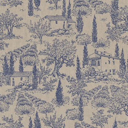 Image with canvas fabric - blue Provençal landscape on a linen-toned background 200 g/m² – available at Charlotte Fabrics