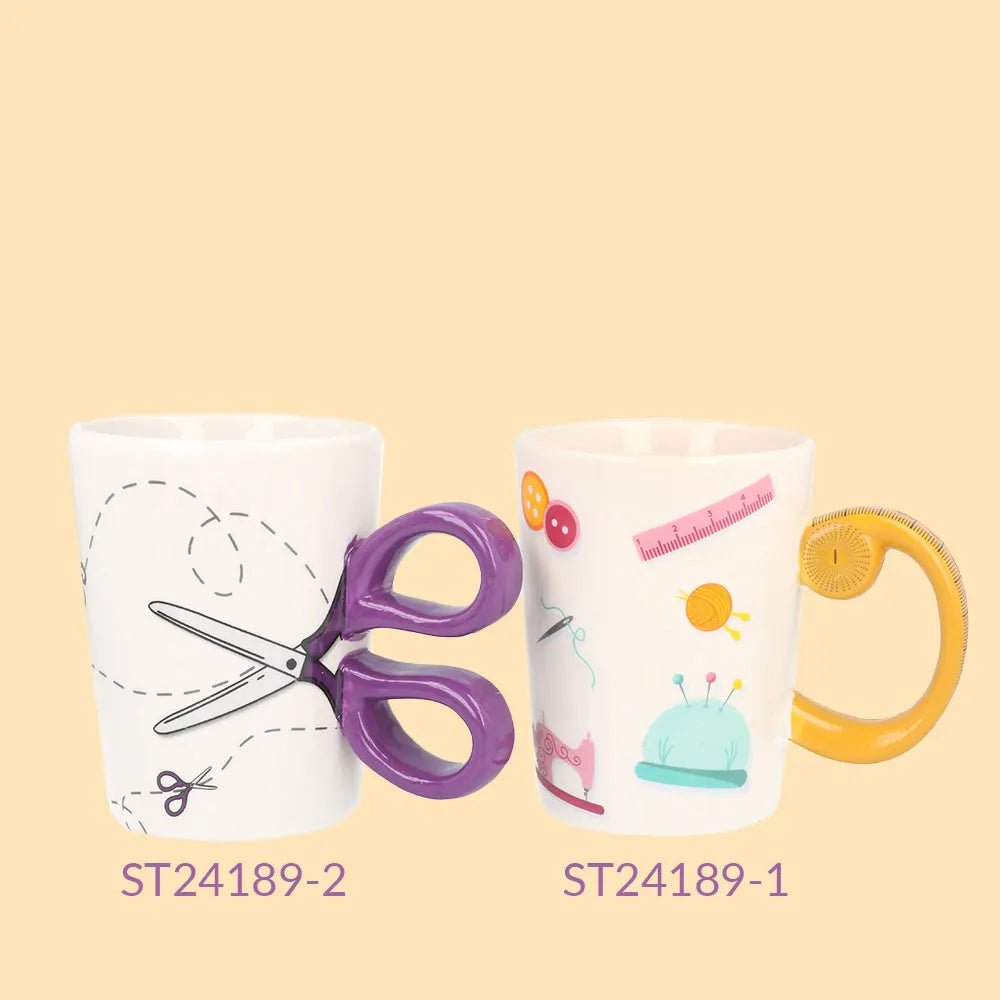 Image of a "Sew Tasty" ceramic mug with scissors | 500 ml – available at Charlotte's Fabrics