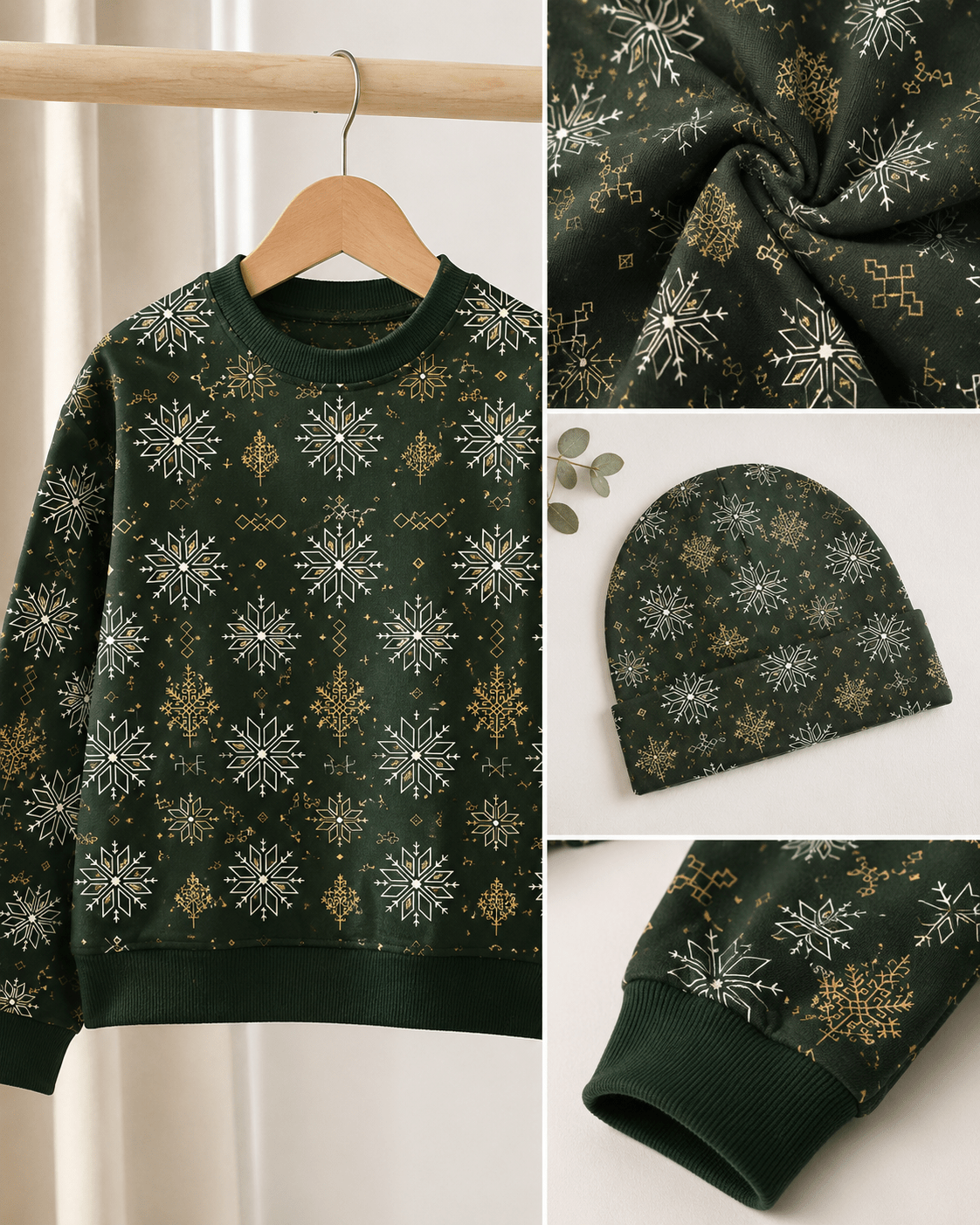 Attēls of cotton loopback knit with Auseklītis pattern on a dark green background, 250 g/m² – available at Šarlotes audumi