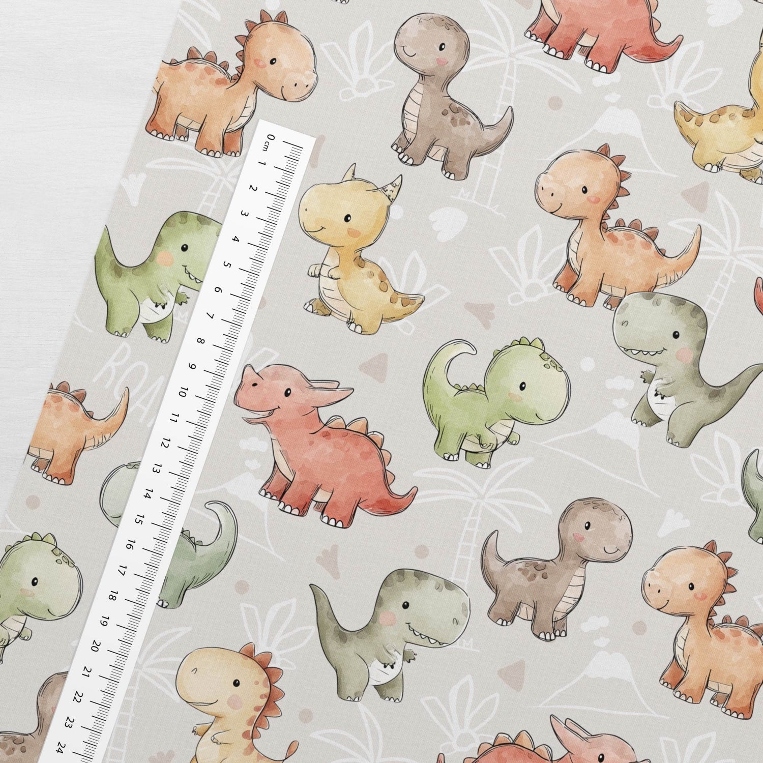 Image with cotton loopback knit - friendly little dinosaurs 250 g/m² – available at Šarlotes audumi