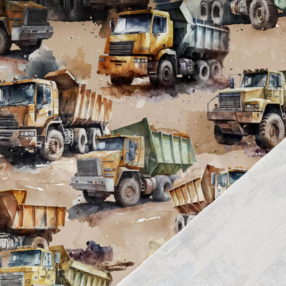 Image of cotton loopback knit – powerful dump trucks in quarries 250 g/m² | Design - 01 – available at Šarlotes audumi