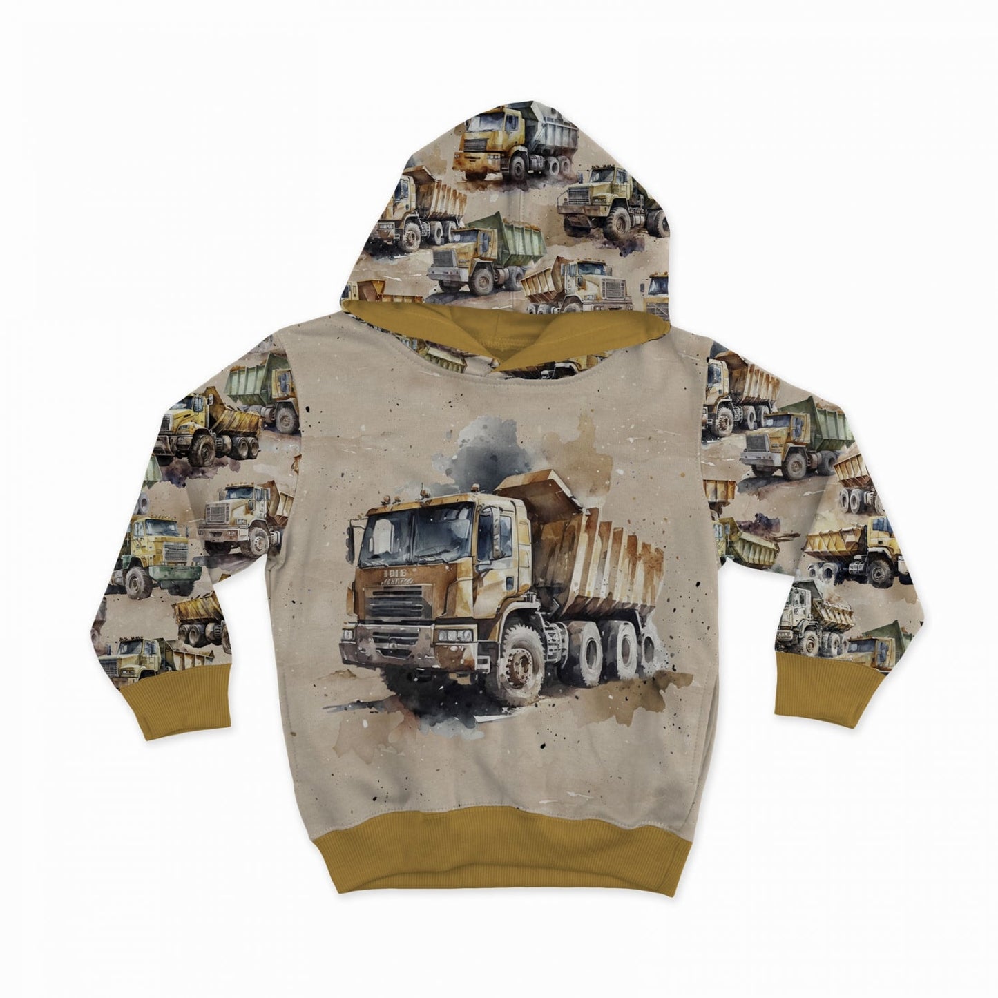 Image of Cotton loopback jersey - powerful dump trucks in quarries 250 g/m² | Design - 01 – available from Šarlotes audumi