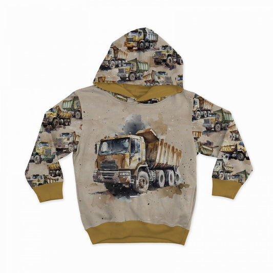 Image of Cotton loopback jersey - powerful dump trucks in quarries 250 g/m² | Design - 01 – available from Šarlotes audumi