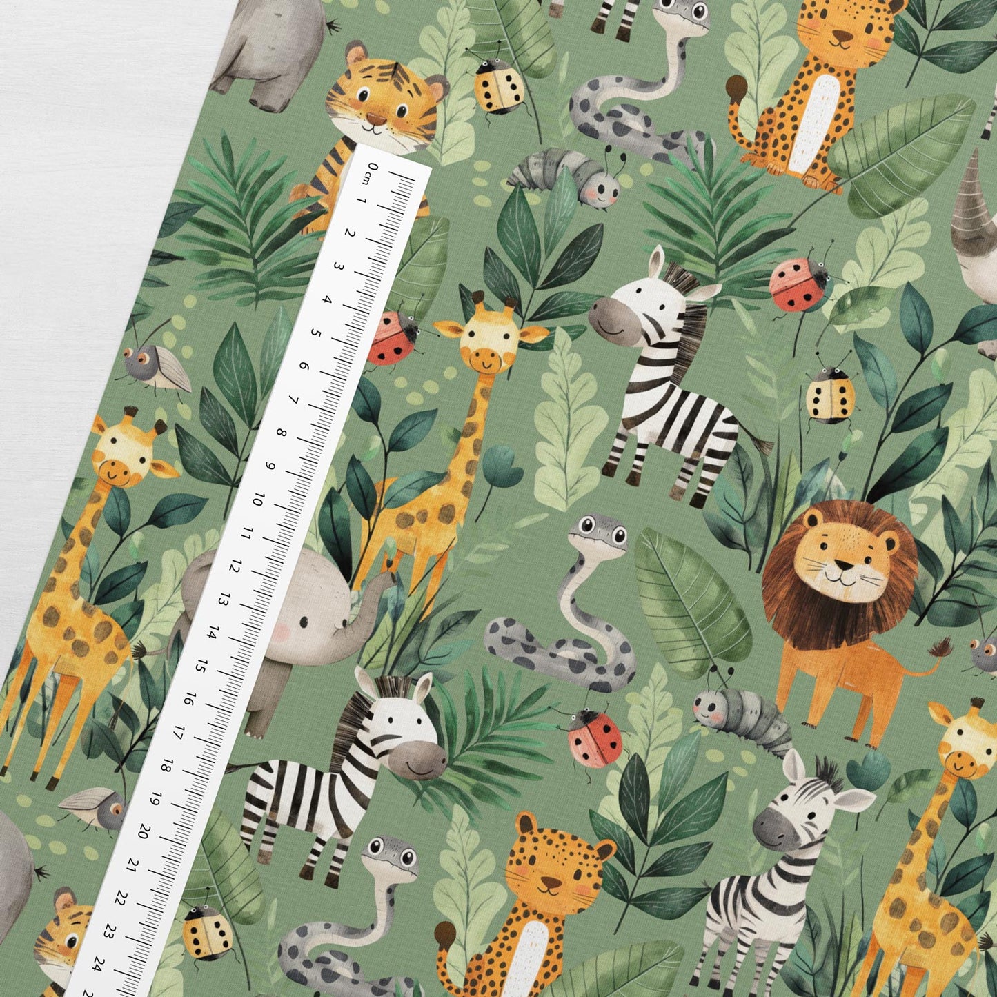 Image of cotton loopback knit - cheerful jungle friends 250 g/m² – available at Šarlotes audumi