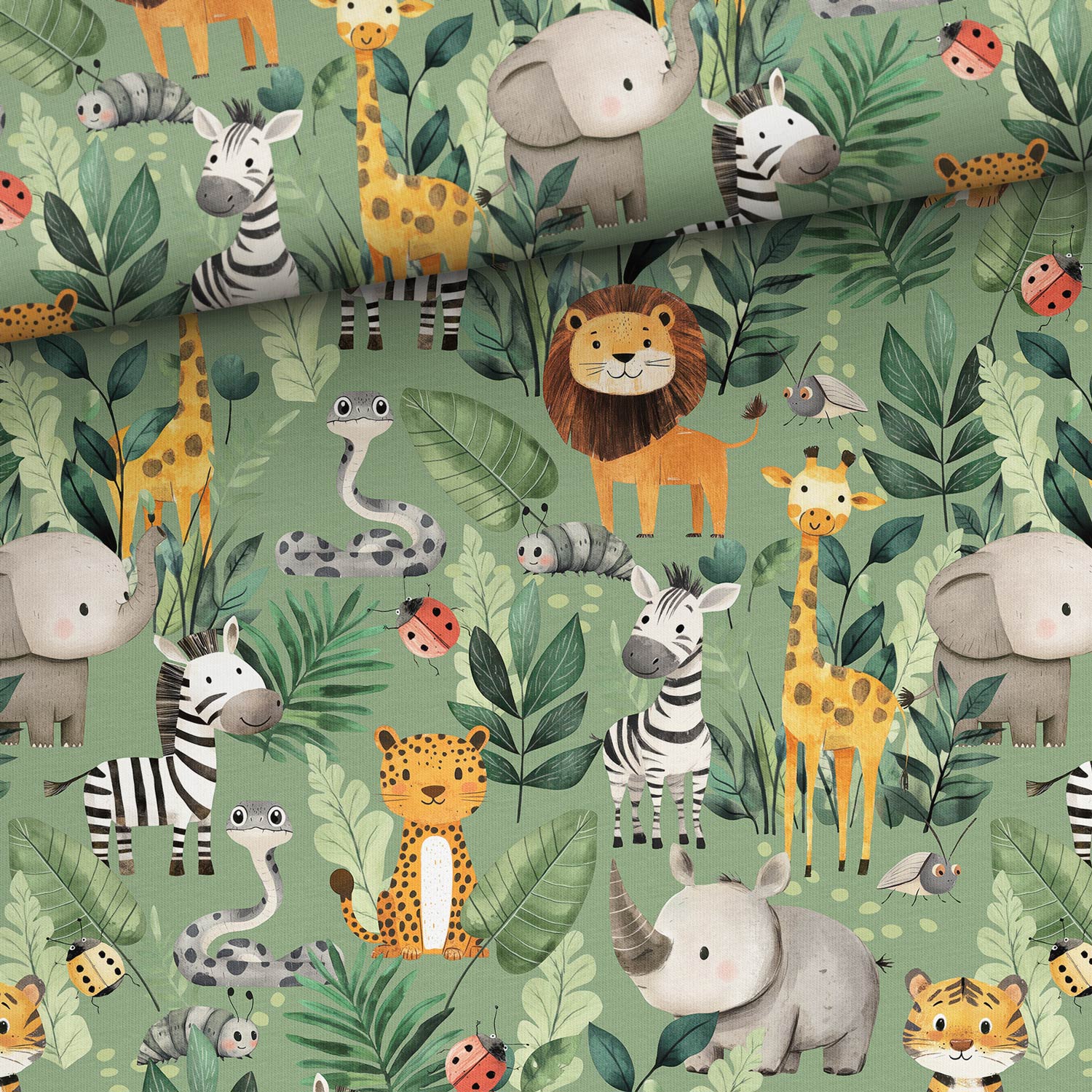 Image of cotton loopback knit - Funny Jungle Friends 250 g/m² – available at Šarlote Fabrics