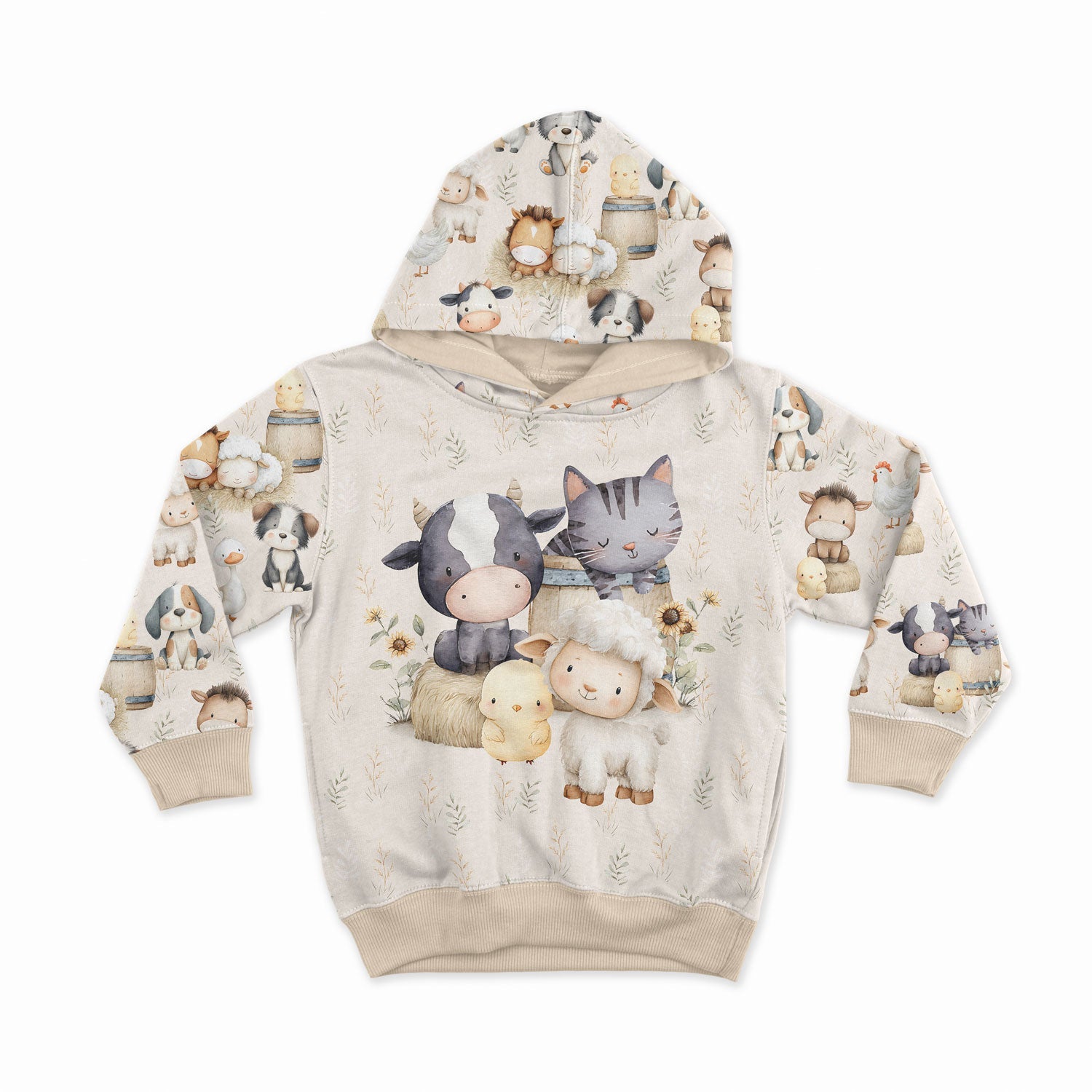 Image of cotton loopback knit - cheerful farm friends group 250 g/m² | Design - 02 – available at Šarlotes audumi