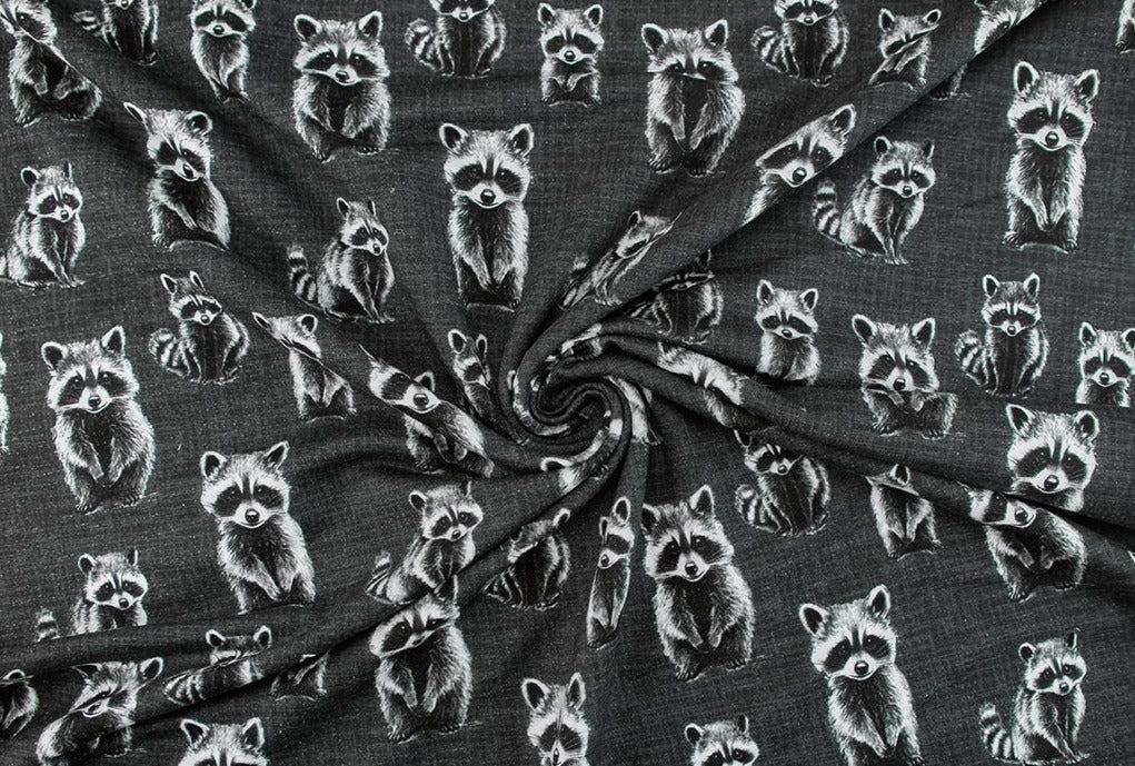 Image of Cotton loopback knit - raccoons 265 g/m² – available at Šarlotes audumi